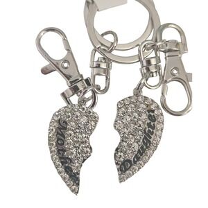 Mother Daughter Heart Charm Rhinestone Split Keychain Set Silver Tone Women